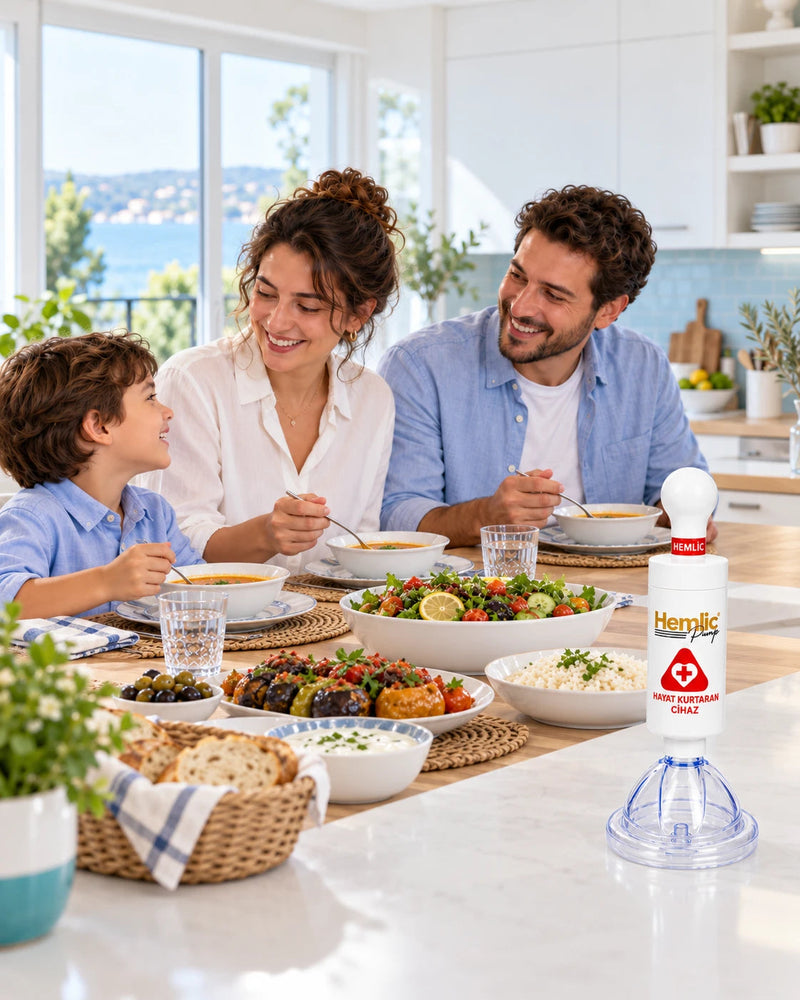 Evde aile sofrasında hazır bekleyen HemlikCare boğulma önleyici cihaz