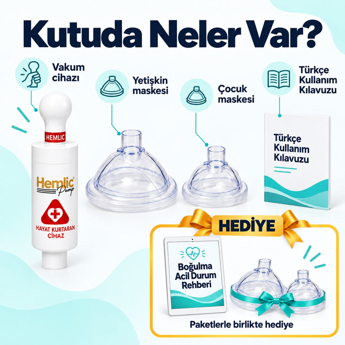 HemlikCare kutu içeriği: vakum cihazı, maskeler ve hediyeler